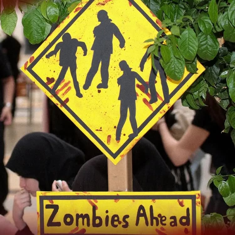 A 'Zombies Ahead' sign from the ARCADE zombie theme