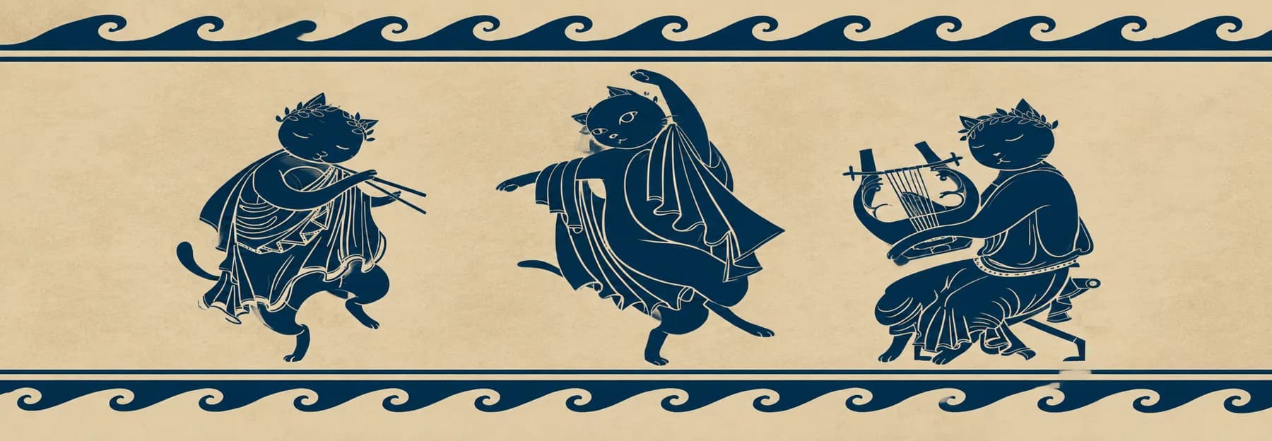 A frieze of classical cats playing music, framed by Greek wave borders