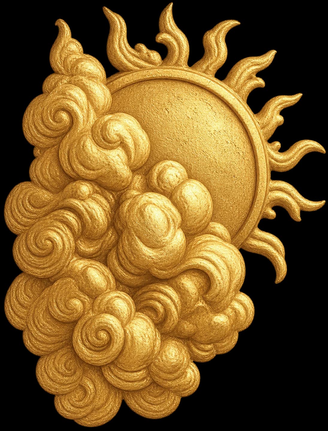 A gilded sun rising through carved clouds